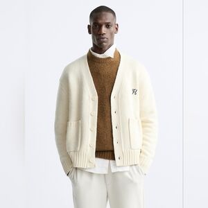 Zara Embroidered Text Cardigan - "Brave Hearts Club" - Cream - Men's Size L